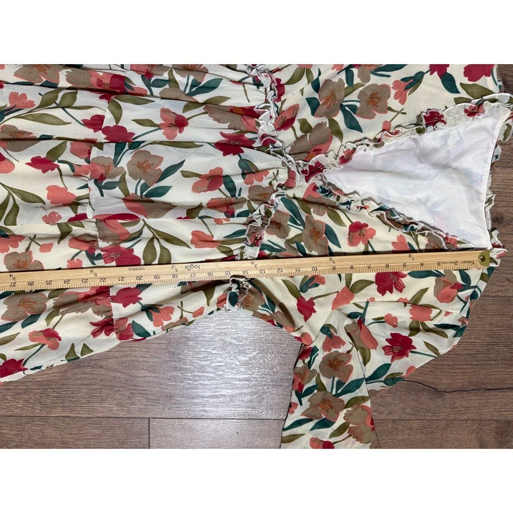 Floral Chiffon Tiered Maxi Dress Long Sleeve Ruffle V-Neck Cream Red Large